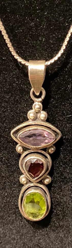 Necklace Pendant Gemstone Amethyst Garnet Peridot 925 SS Chain 24” - Image 2 of 4