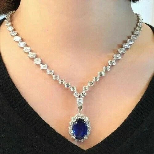 14Ct Oval Cut Lab-Created Sapphire Diamond Tennis Necklace 14K WhGold Plated 18
