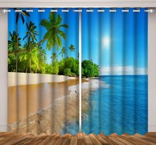 Palm Leaf Beach Ocean Blue 3D 2 Panels Window Curtains Blockout Drapes Fabric