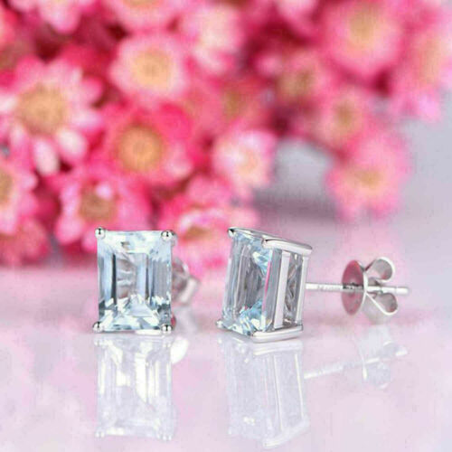 Emerald Lab Created Aquamarine Diamond Women' Stud Earring 14K White Gold Plated - Picture 1 of 10