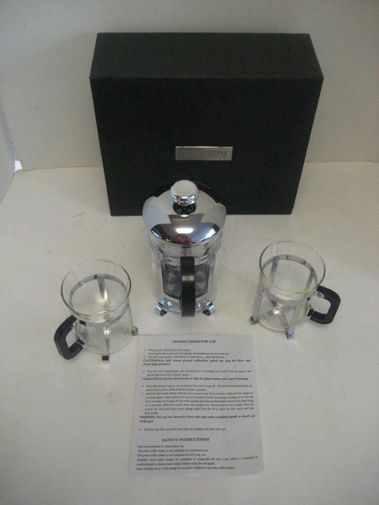 NEW TEFEN French Press Coffee Rare Chrome BISTRO BOX SET w 2 cups 4-6 cup 24oz