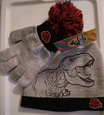 Jurassic Park Boy's Gray  Black Dinosaur Beanie Hat  Gloves