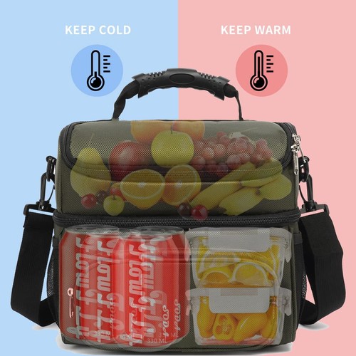 Large Insulated Lunch Bag Double Layer Cooler Tote w/ Adjustable Strap & Pockets - Picture 2 of 9