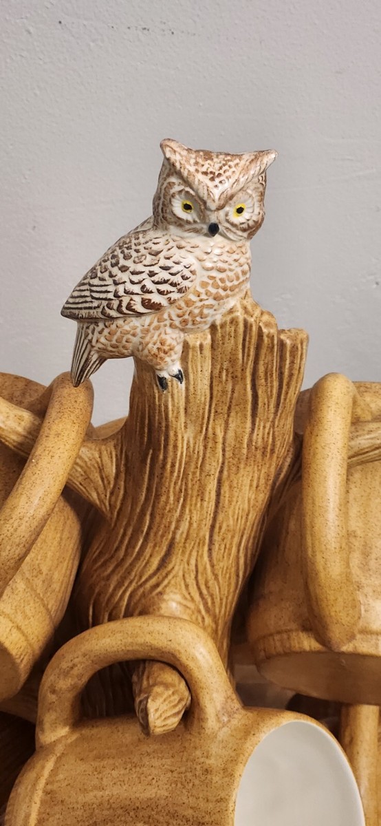 8pc Vtg Ceramic Kitchen Owl Coffee/Tea Mugs Branch Tree Mug Rack Holder  EUC