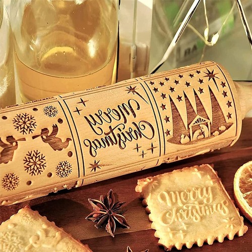 Christmas Wooden Embossing Rolling Pin Engraved Baking Cookies Cake Roller GV - Picture 6 of 15