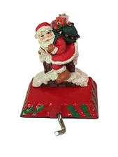Cast Iron Christmas Stocking Hanger Adjustable Hook Santa on Roof Toys Red Green