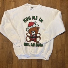 Vintage Oklahoma hug me Sweatshirt Size M Gray USA Made Teddy Bear Christmas