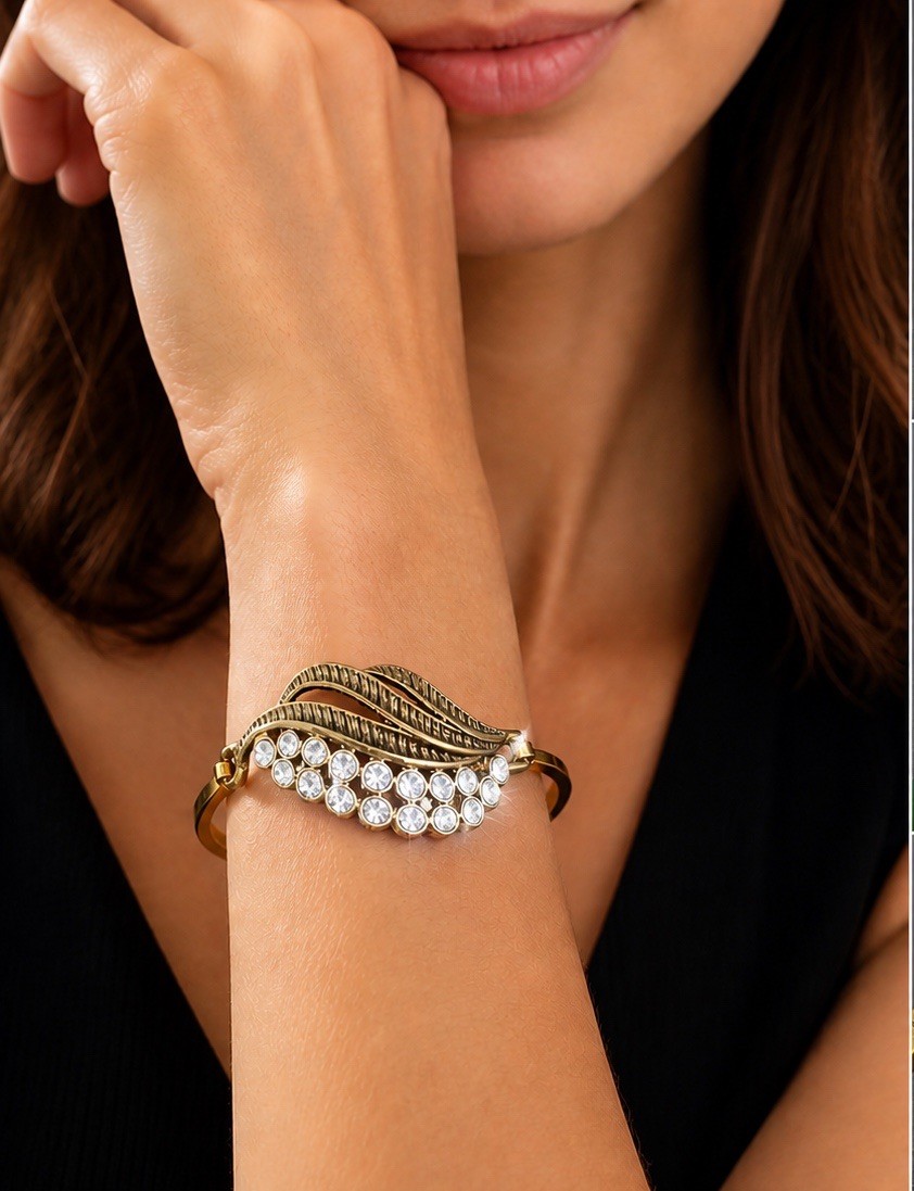 Vintage Bangle Cuff Bracelet Allison Reed Antiqued Gold Plated Clear Crystal CZ