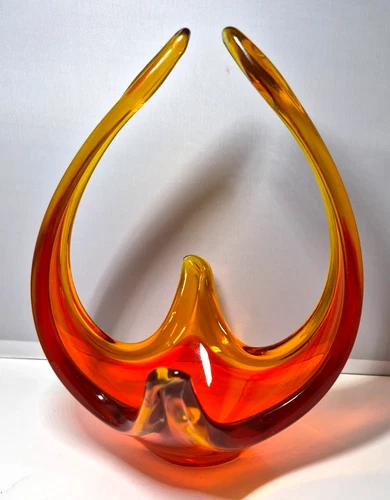 Vintage Murano Freeform Glass Centepiece Basket / Bowl - Red And Amber Sommerso