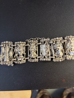 Vintage 3D King Queen Castle Schachfiguren silberfarbenes Armband - seltenes schweres Glied