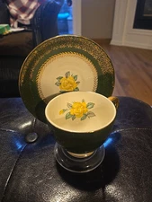 Homer Laughlin Lady Greenbriar Tea Cup & Saucer Green W/ Gold Trim (Item 24)