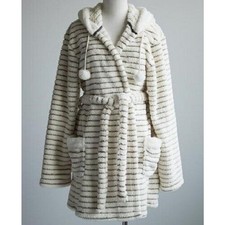 New PJ SALVAGE Stripped Natural White Gray Cozy Fleece Robe Pom Pom Plush Soft M