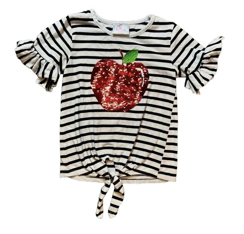 Ruffle Girl TShirt Girls 7 Black White Striped Sequin Ruffle Apple School Fun