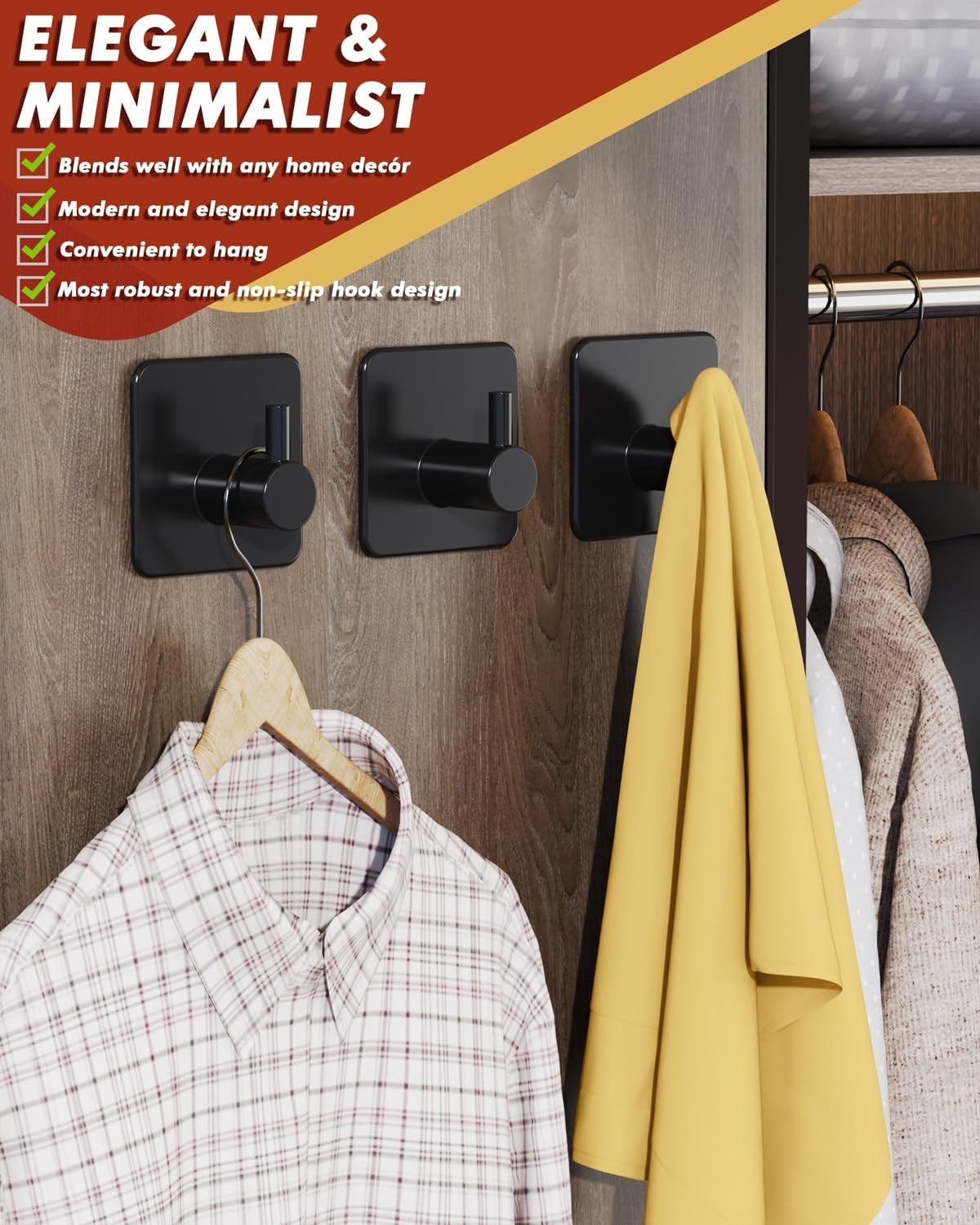 Heavy Duty 5 Pack Adhesive Hooks - 30lbs Max Capacity, Rustproof Stainless Steel