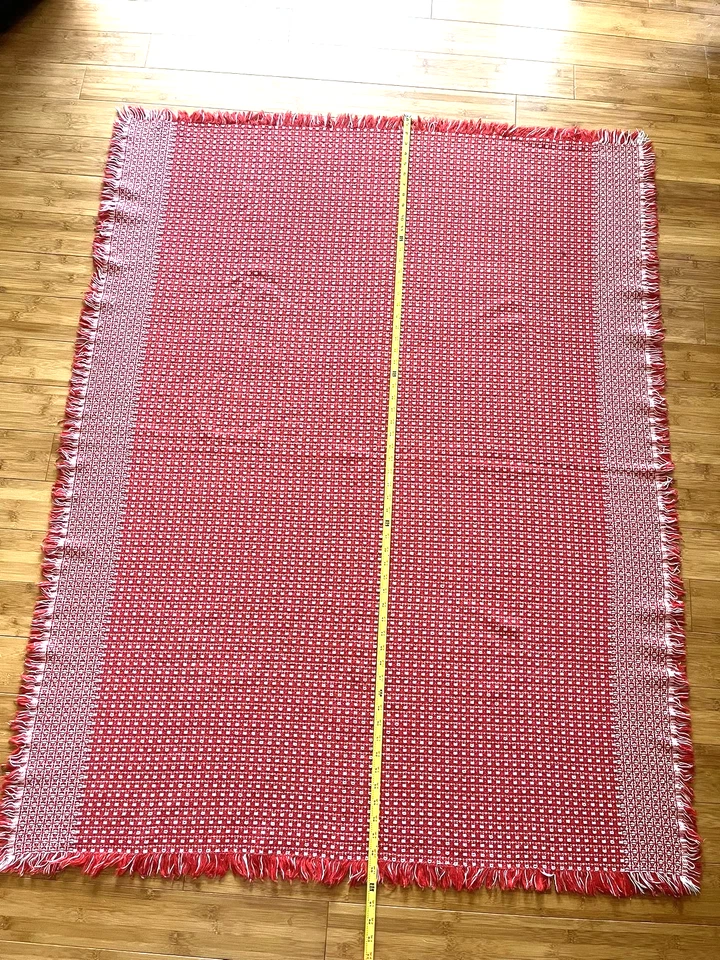 Vintage Red Woven Fringe Tablecloth Napkin Set 60x48 14x14 Boho Retro Decor - Image 4 of 4