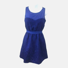 Y2K Women Dress XS Illusion Neckline Fit Flare Blue Jacquard Sleeveless Mini
