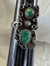 Vintage Sterling Two Green Turquoise Stones Large Ornate Band Ring Size 5