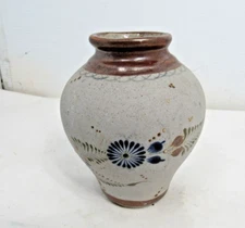 Tonala Mexican Sandstone Stoneware Pottery Vase Signed Glazed Inside Cobalt Blue