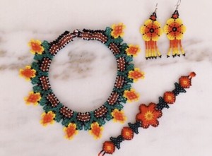 Mexican, Floral Jewelry, Floral Beaded Necklace Set, Huichol Jewelry