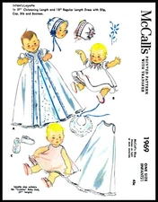 McCall's # 1969 Layette Christening Pattern Infant Dress Cap Bonnet Cuddles DOLL