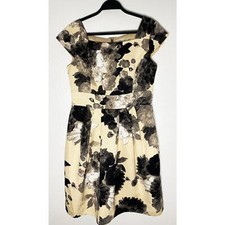 Eliza J Women's Cream Black Floral Pleated Dress Cap Sleeves Pleats Pockets 10