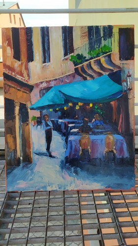 öl original gemälde auf leinwand handgefertigte kunst mit straßencafe in italien - Bild 12 von 12
