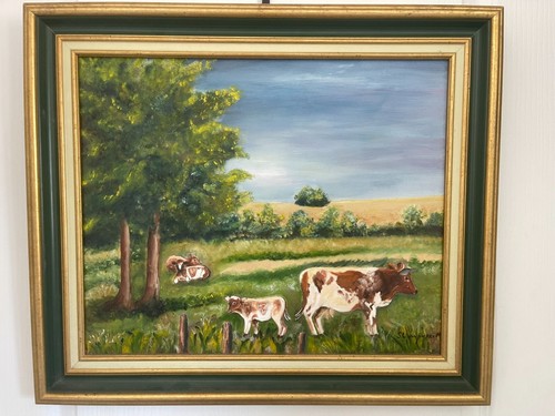 Altes Gemälde Öl Leinwand Kuh Feld Land Bauernhof Normandie 56x48cm
