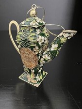 Vtg Cloisonn Christmas Tea Pot Ornament Green Gold Pineapple Flowers Enamel