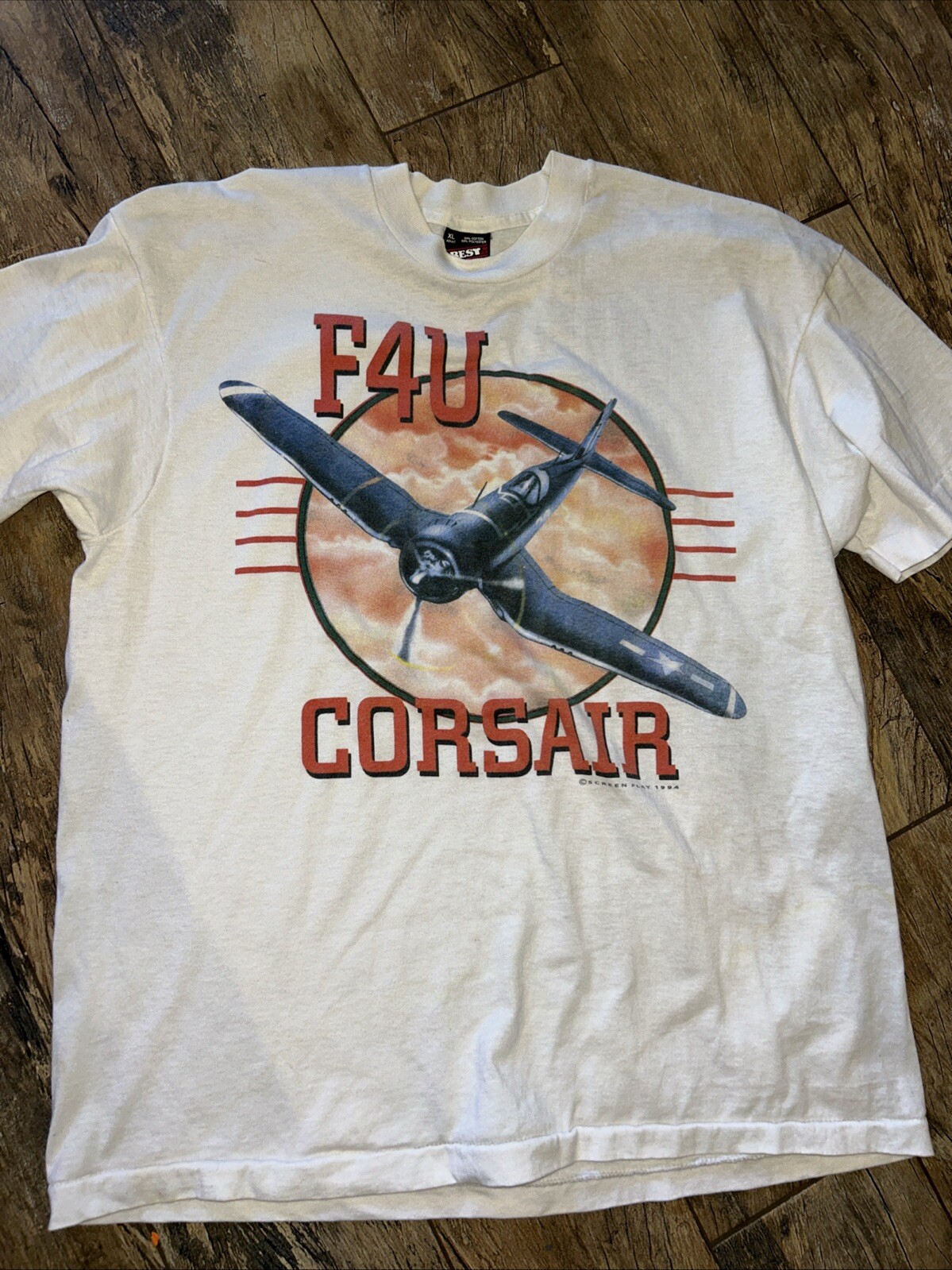 Vintage 90's F4U Corsair T Shirt Mens XL White Fighter Plane Single Stitch