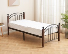 H-BOLT Metal Bed Frame with Headboard – Black Steel with Wood-Effect Legs