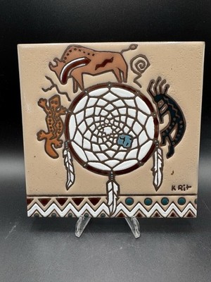 Vintage Artist K RIT wall tile of Kokopelli / Bison / Salamander & dreamcatcher.