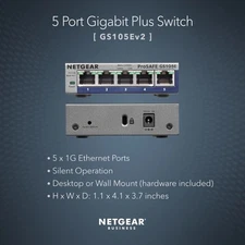 Netgear Prosafe Plus 5 Gigabit Ports External Ethernet Switch GS105Ev2 w/ AC