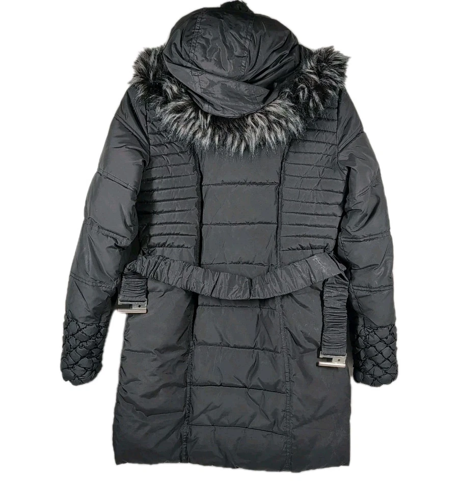 Betsey Johnson Rose Lined Puffer Parka Womens Small Black Faux Fur Hood Winter - Image 2 of 4