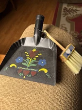 Adorable Hand Painted Floral Black Dust Pan And Wooden Brush