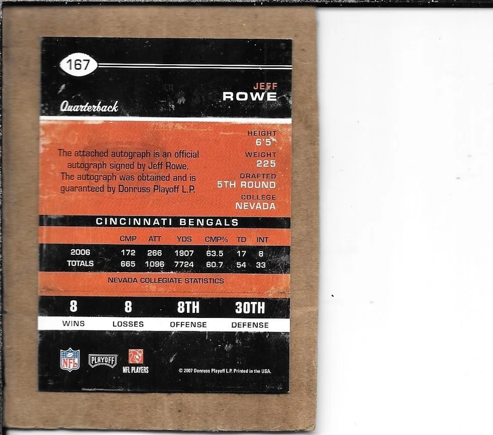 Jeff Rowe 2007 Playoff Contenders "Rookie Ticket", card #167, RC AU - Image 2 of 2