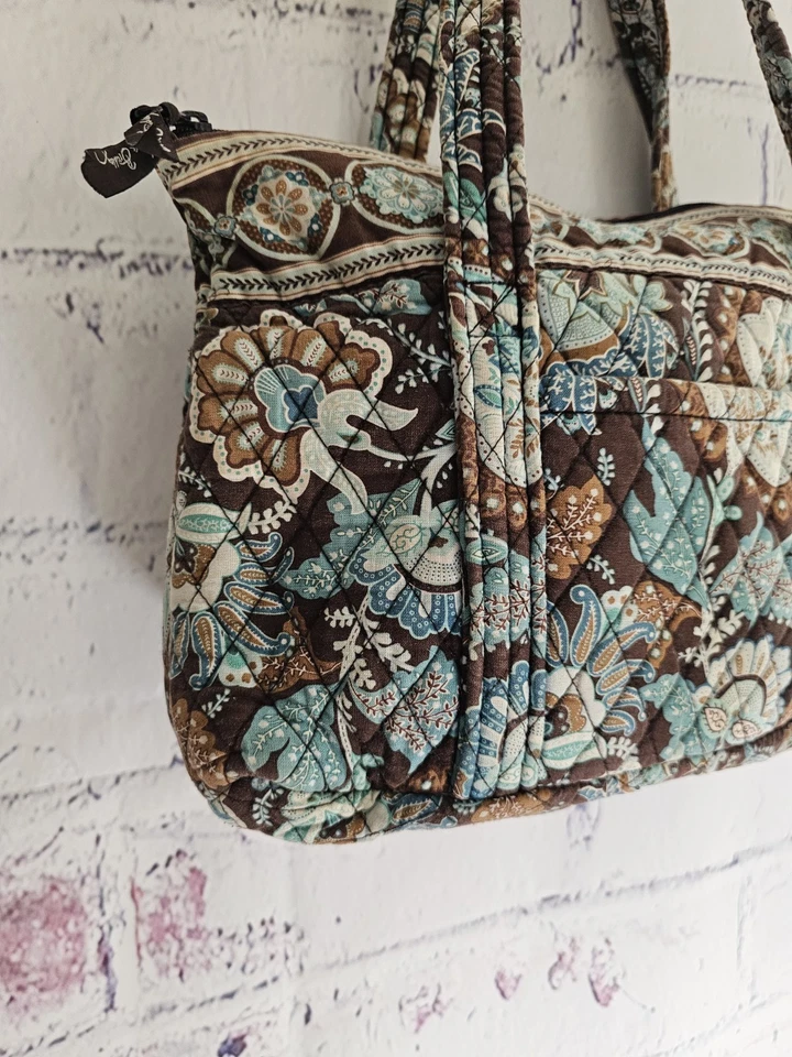 Vera Bradley Retired Handbag Java Blue Paisley Brown Floral Zipper 2-handles - Image 4 of 4
