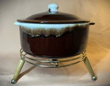 MCM Pflatzgraff Brown Drip Glaze Covered Fondue Casserole Serving Pot w/ Warmer