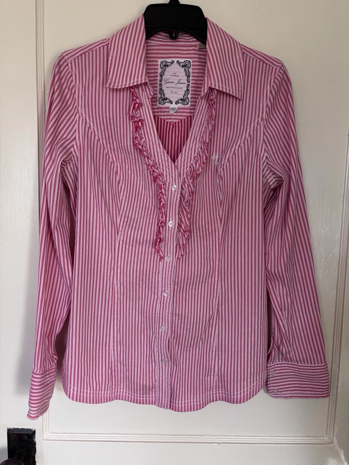 Guess 100% algodão rosa rosa rosa e borgonha listra de babado manga longa vintage grande - Imagem 4 de 4