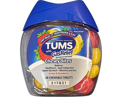 TUMS Gas Relief Kaubisse mit Zitronen- und Erdbeergeschmack 28 Tabletten 08-2028