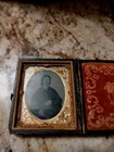Tintype Photograph of Woman in Framed, velvet lined leather embossed case