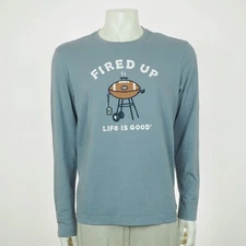 New Life is Good Fired Up Football Tee Shirt Mens Medium Blue BBQ Barbeque Crew