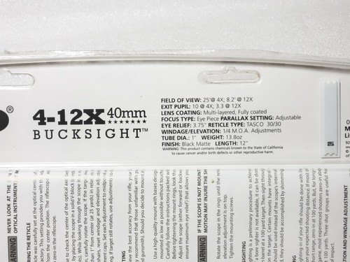 N£W Tasco 4-12x40 Bucksight Rifle Scope w/ 30/30 Reticle DWC412X40C, Sealed - Picture 6 of 9