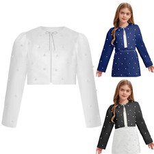 Kid Girls Shrug Pearls Decorated Cardigan Church Wrap All-matched Bolero Satin