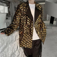 Men's Sequin Peak Lapel Long Dress Jacket Suit Blazer Dinner Party Prom Coat
