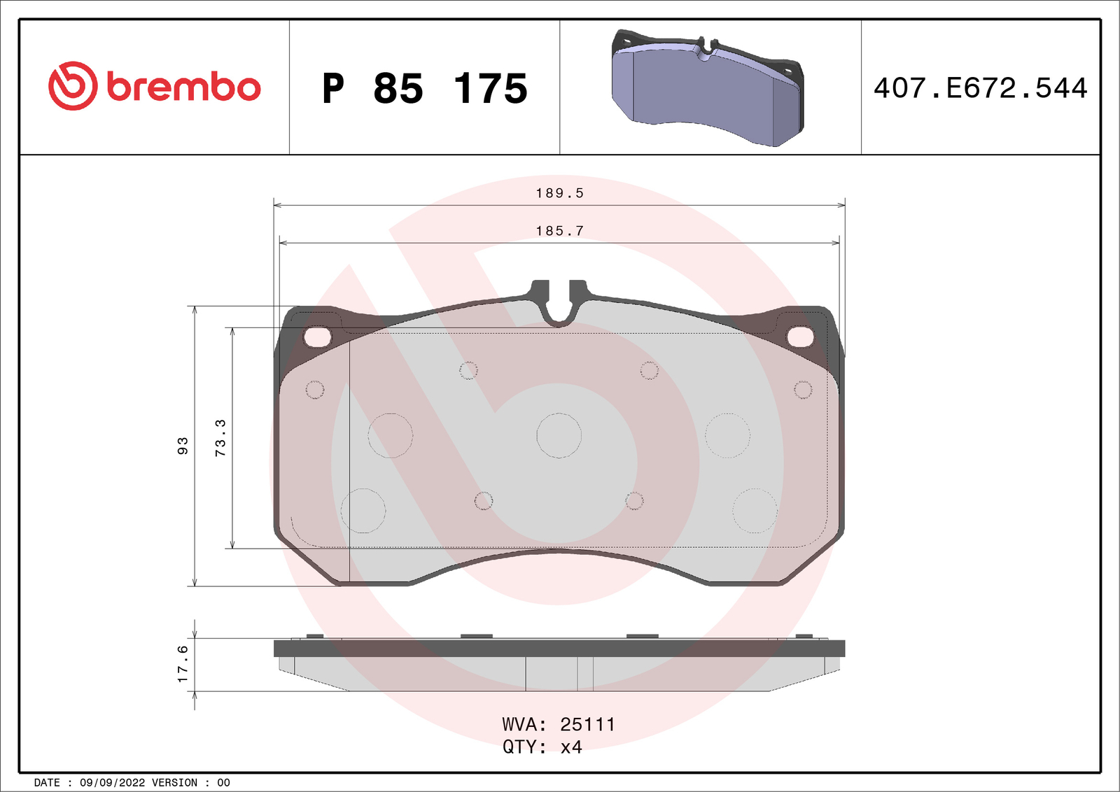 BREMBO P 85 175 Brake Pad Set, disc brake for AUDI