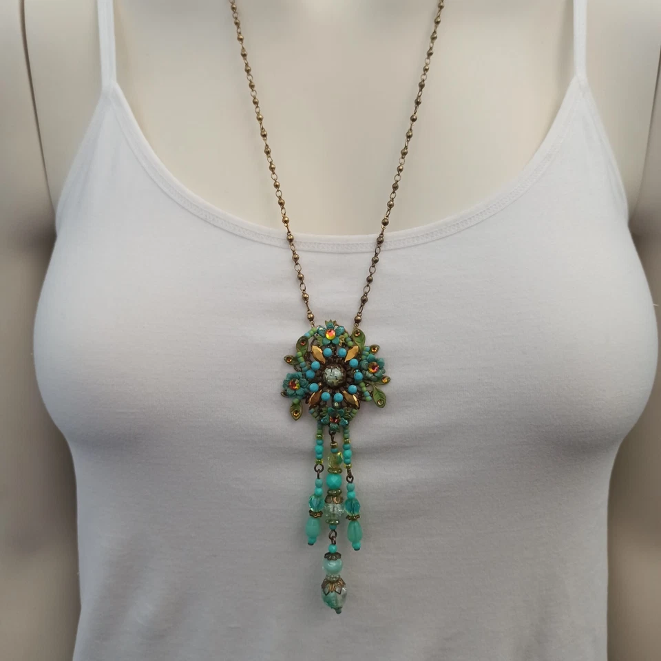 Collar Michal Negrin Vidrio Aqua Fusionado Cristales Turquesa Flecos Florales Largo 25 Foto 2 de 4