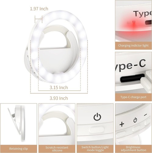 Selfie Ring Light Rechargeable Clip on Ring Light with 40 LED Lights Portable - Picture 5 of 6