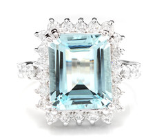 7.85 Carats NATURAL AQUAMARINE and DIAMOND 14K Solid White Gold Ring