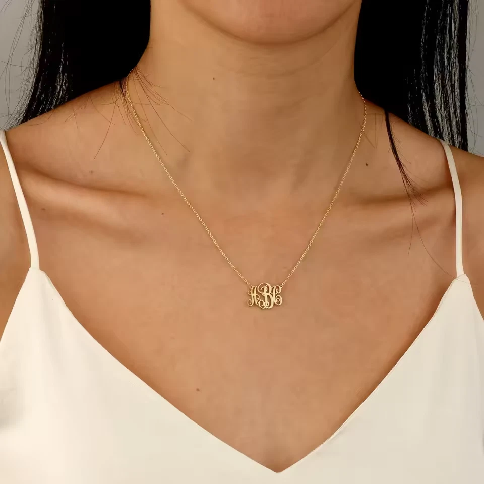 Collar Colgante Monograma Personalizado Nombre Iniciales Letras Personalizadas Joyería Oro Foto 3 de 4