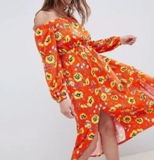 ASOS Women's Off Shoulder Maxi Dress Orange Sunflower Floral Print Boho Summer